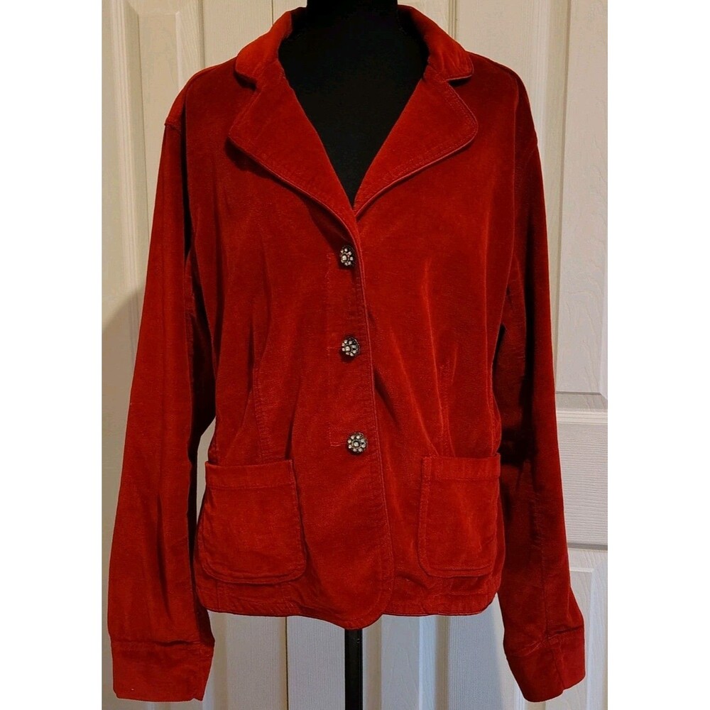 KIKIT Jeans Womens XL Red Corduroy Blazer Jacket Rhinestone Buttons Stretch...